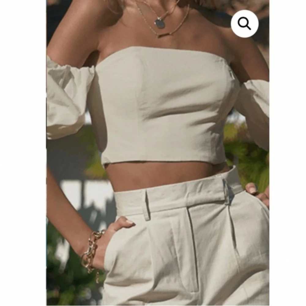 SEVEN Wonders Ivory Puff Sleeve Off Shoulder Cotton Tie Corset Crop Top Sz S - Picture 1 of 16
